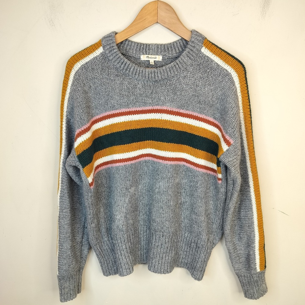 Madewell Striped Heath Sweater Womens Small Wool Blend Knit Grey Multi